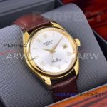 Perfect Replica Rolex Cellini Date White Face All Gold Smooth Bezel Dark Brown Leather 41mm Men's Watch